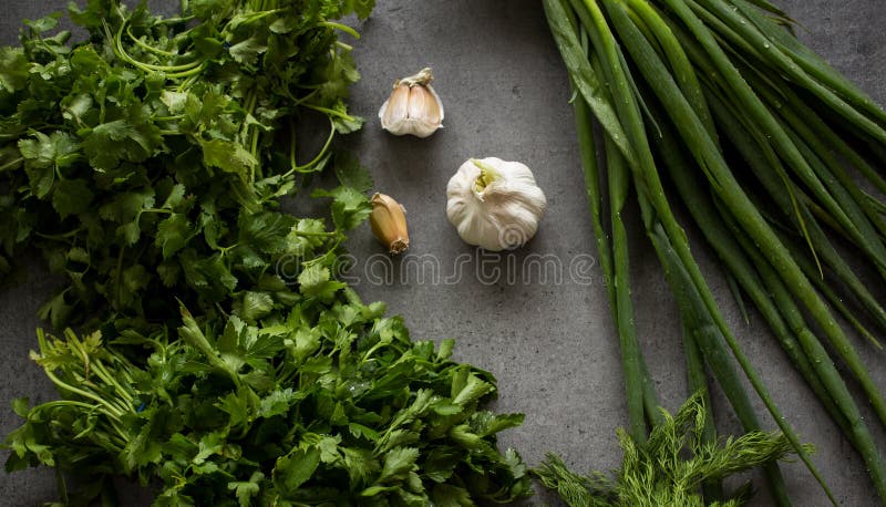 Fresh green herbs on dark grey table. Flat lay food photo. royalty free stock photo Fresh green herbs on dark grey table. Flat lay food photo. royalty free stock photo