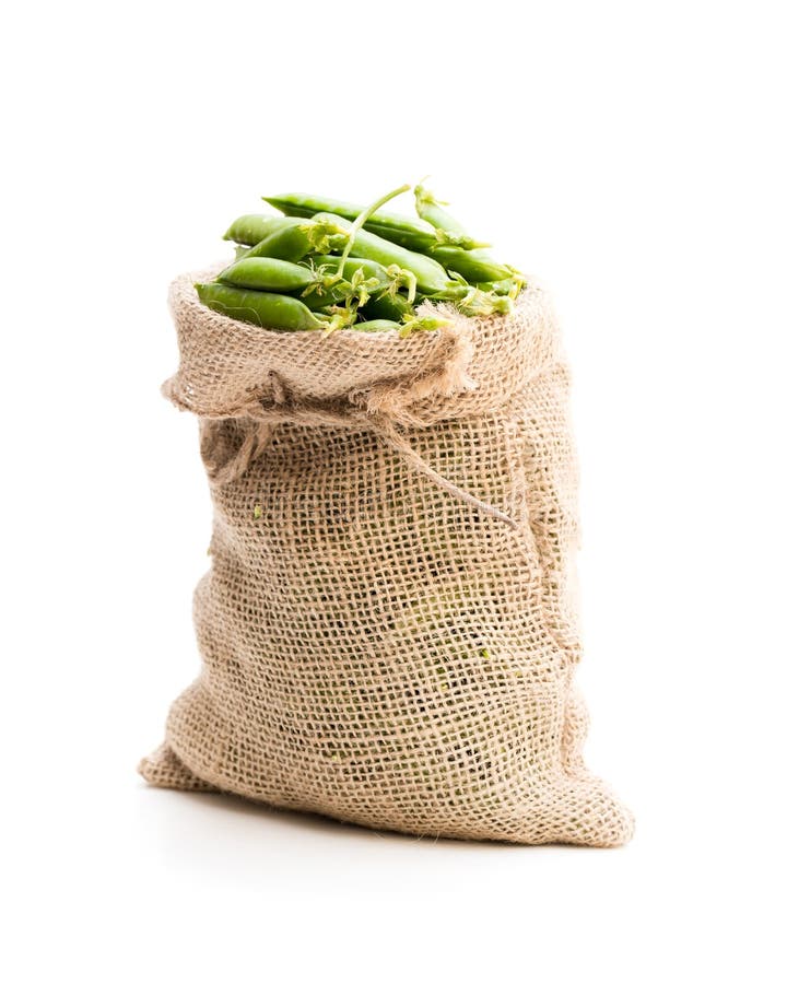Green peas in a burlap bag stock photo. Image of metal 24317878