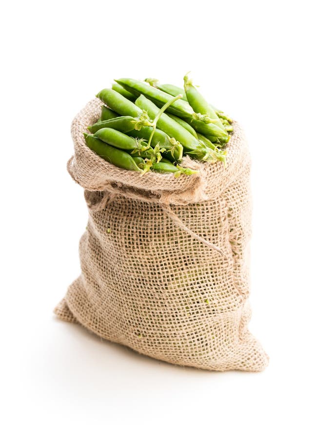 Fresh Green Pea Pods In Sack Bag Isolated On White Stock Photo Image