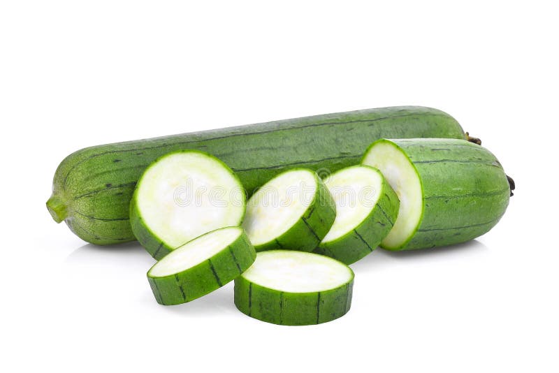 Fresh green sponge gourd or luffa with slice isolated on white background