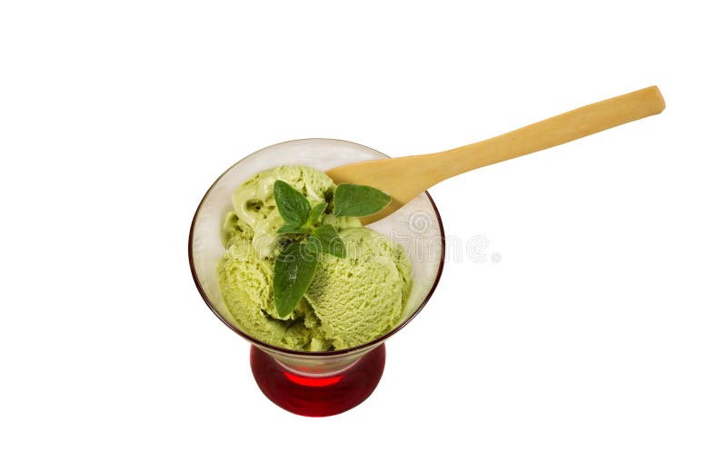 Fresh Green Tea Ice Cream with Mint Leaf isolated on White stock image Fresh Green Tea Ice Cream with Mint Leaf isolated on White stock image
