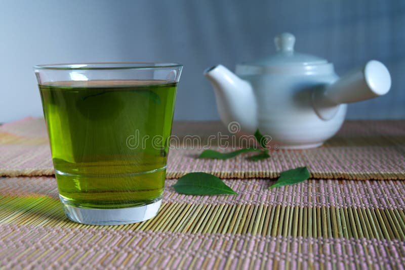 Fresh Green Tea with Tea Leaves and Pot Stock Image Image of chinese