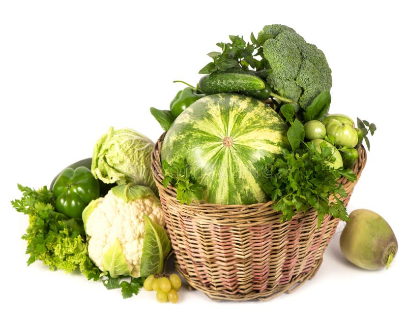 Green vegetables in wicker basket