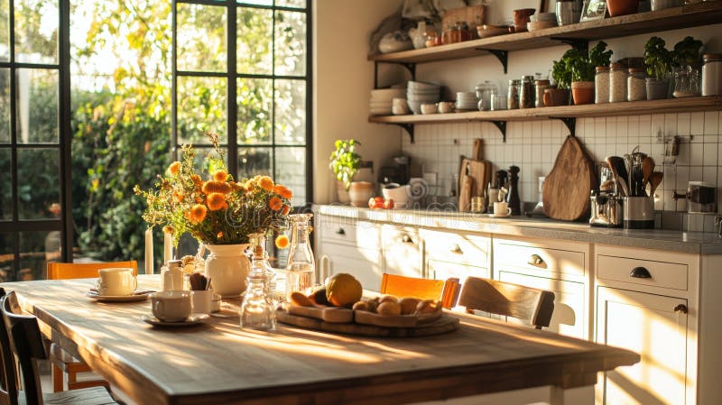Cozy kitchen filled with fresh groceries and warm natural light inviting family moments stock images