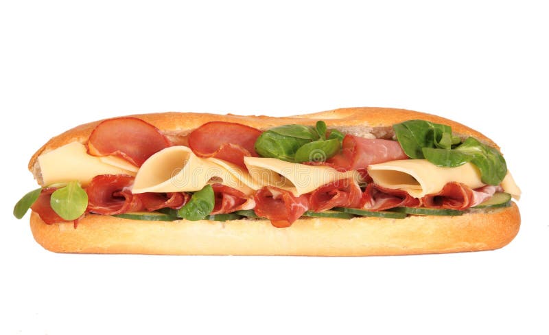 Fresh ham & cheese salad French baguette isolated on white