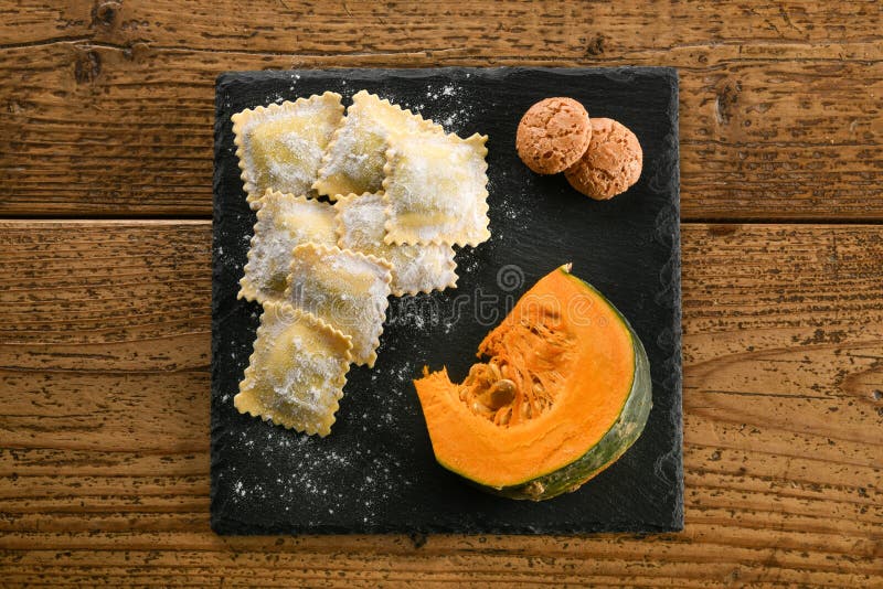 Fresh handmade ravioli Italian pasta with pumpkin