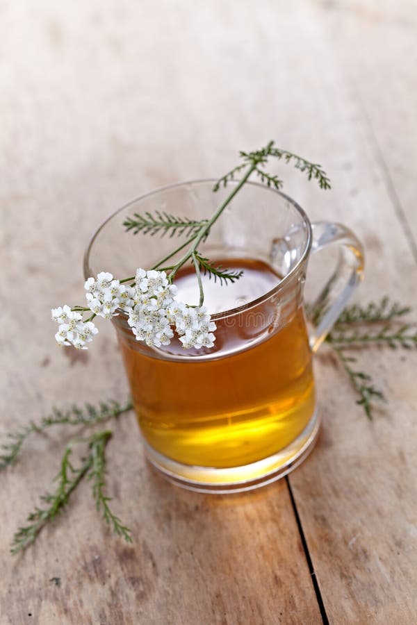 Cup of Fresh Herbal Tea with Healing Herbs and Flowers on Aged Rustic