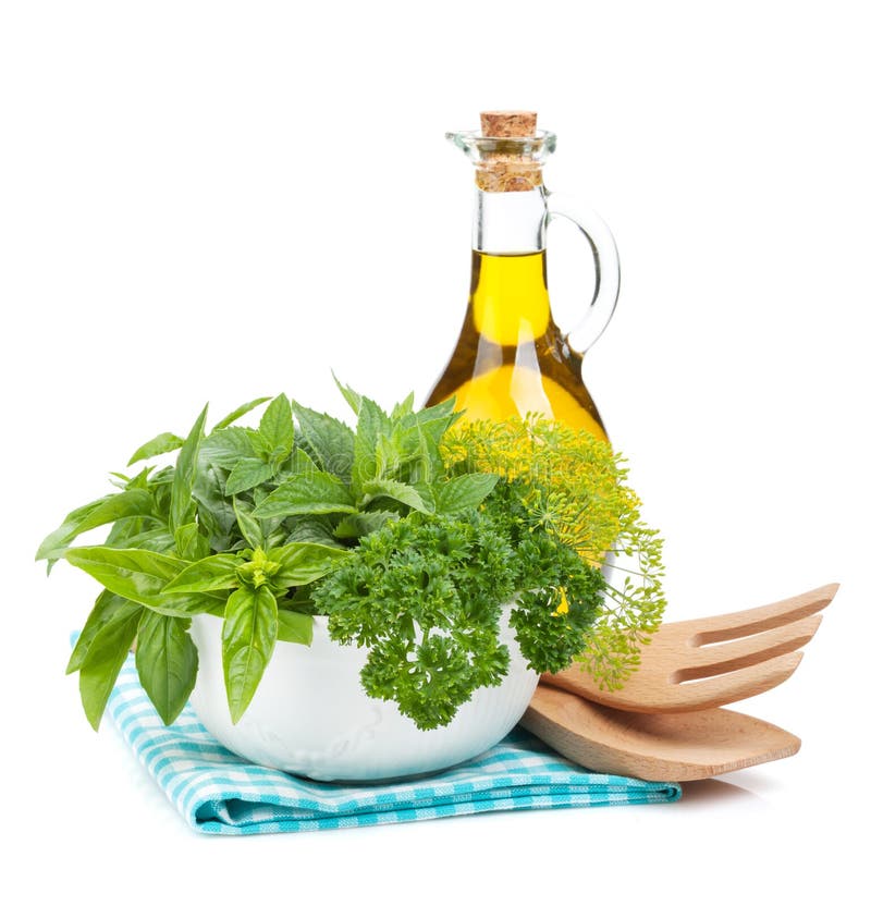 Fresh herbs in bowl stock image. Image of leaf, napkin 34312703