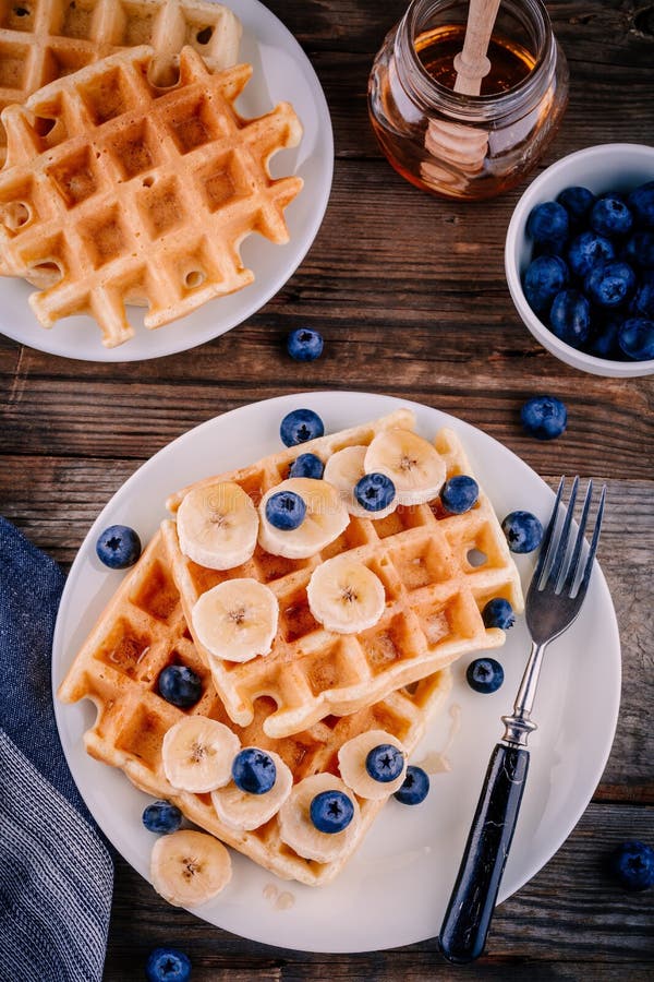 Fresh Homemade Belgian Waffles with Blueberries and Banana for ...