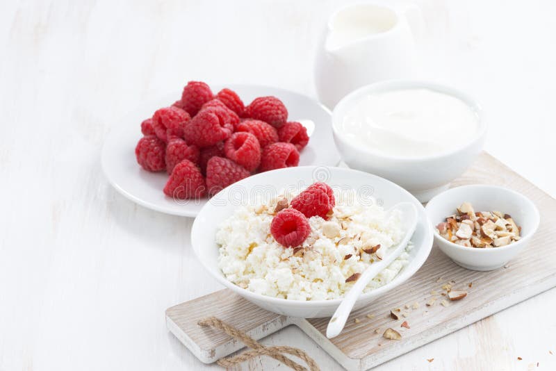 Fresh Homemade Cottage Cheese with Raspberry, Milk and Yogurt Stock