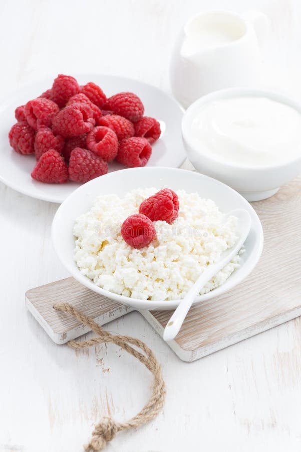 Fresh Homemade Cottage Cheese with Raspberry, Milk and Yogurt Stock