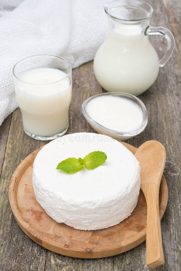 Fresh homemade cottage cheese, yogurt and milk