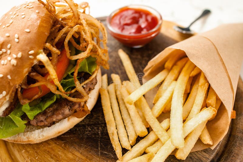 Fresh Homemade Hamburger With French Fries Stock Photo Image Of