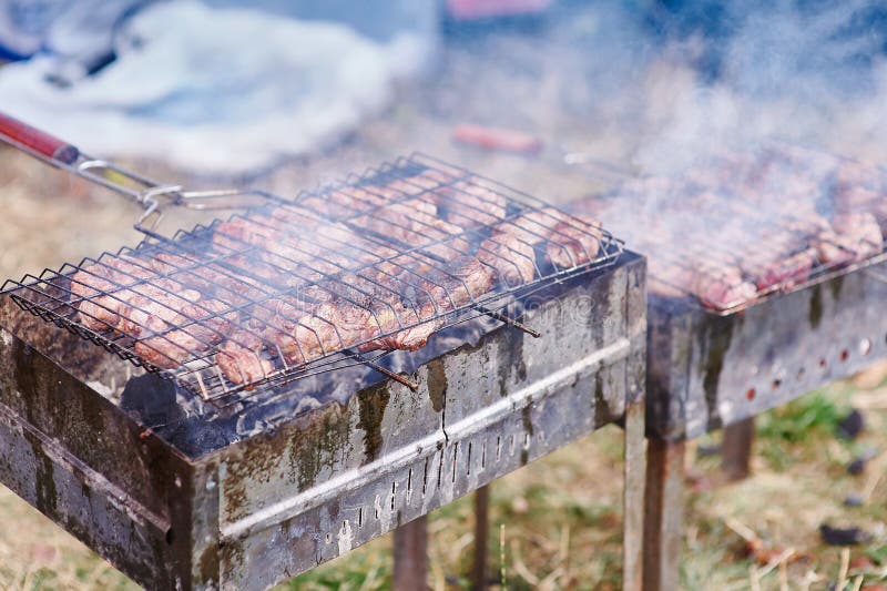 Fresh Hot Grilled Shish Kebab Barbecue on Grid Over Charcoal Stock