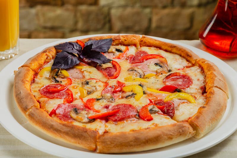 Fresh Hot Pizza on White Plate in Restaurant. Stock Image Image of