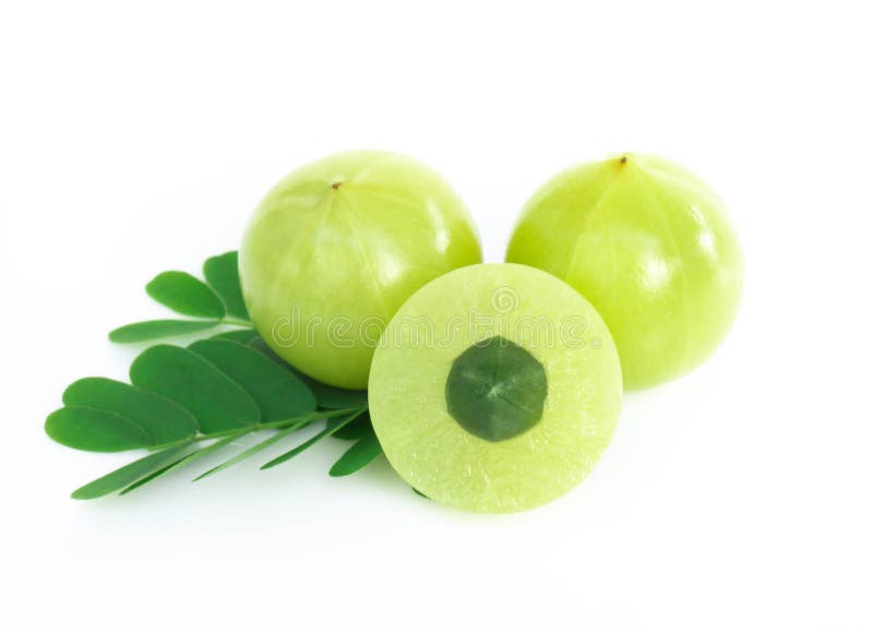 Fresh indian gooseberry isolated on white background, herb and m stock photos Fresh indian gooseberry isolated on white background, herb and m stock photos
