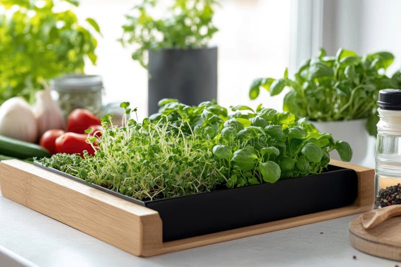 Fresh indoor herb garden with basil and microgreens by sunny windowsill stock photo
