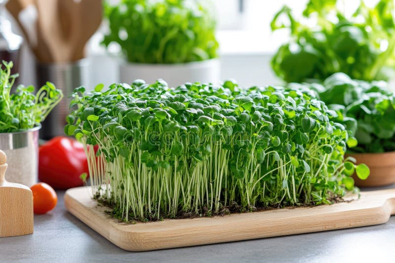 Fresh indoor herb garden with basil and microgreens by sunny windowsill stock photos