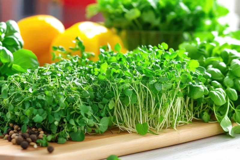 Fresh indoor herb garden with basil and microgreens by sunny windowsill stock images