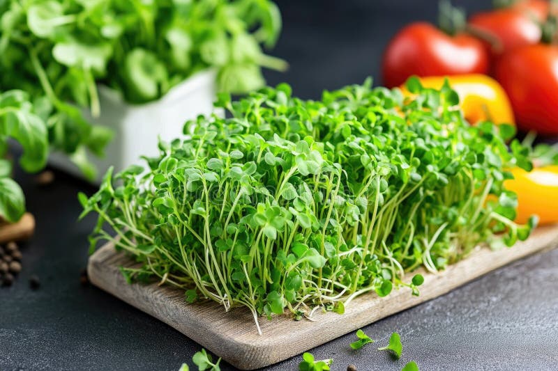 Fresh indoor herb garden with basil and microgreens by sunny windowsill royalty free stock images