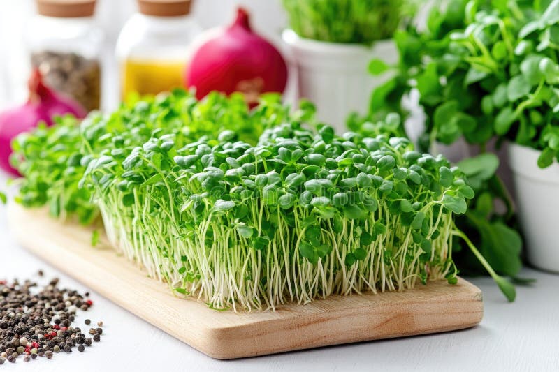 Fresh indoor herb garden with basil and microgreens by sunny windowsill stock images