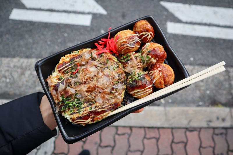 Fresh Japanese Okonomiyaki and Takoyaki As Street Food in Osaka Stock