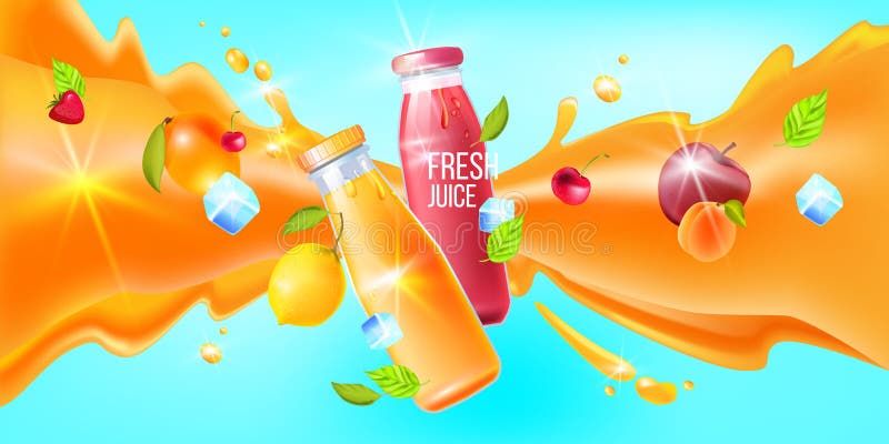 Summer Cold Drinks Banner with Juice Bottle, Lemon, Mango, Apple, Peach,  Ice Cube, Splash. Stock Vector - Illustration of fruit, banner: 186380478