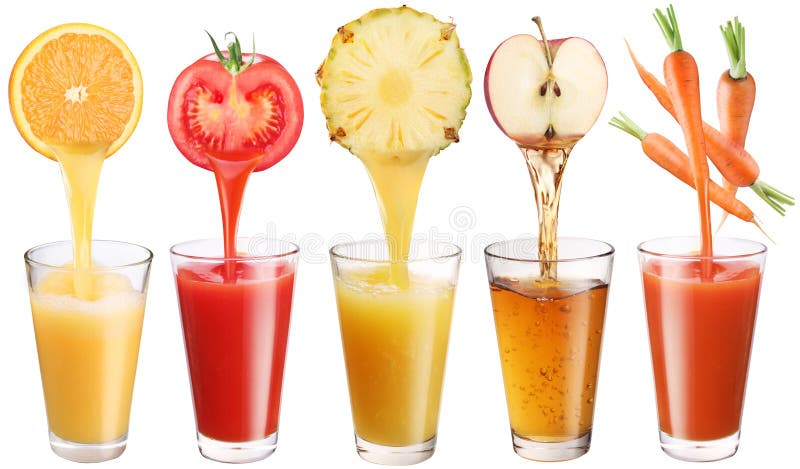 Koncepční image fresh juice vylévá z ovoce a zelenina ve skle.