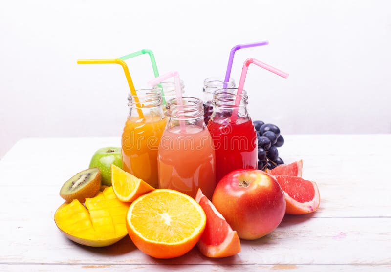 Fresh Juices Smoothie Three Bottles Red Green Orange Tropical Fruits Water Melon Apple Kiwi Grapes Orange Mango Pine Apple Pomegra