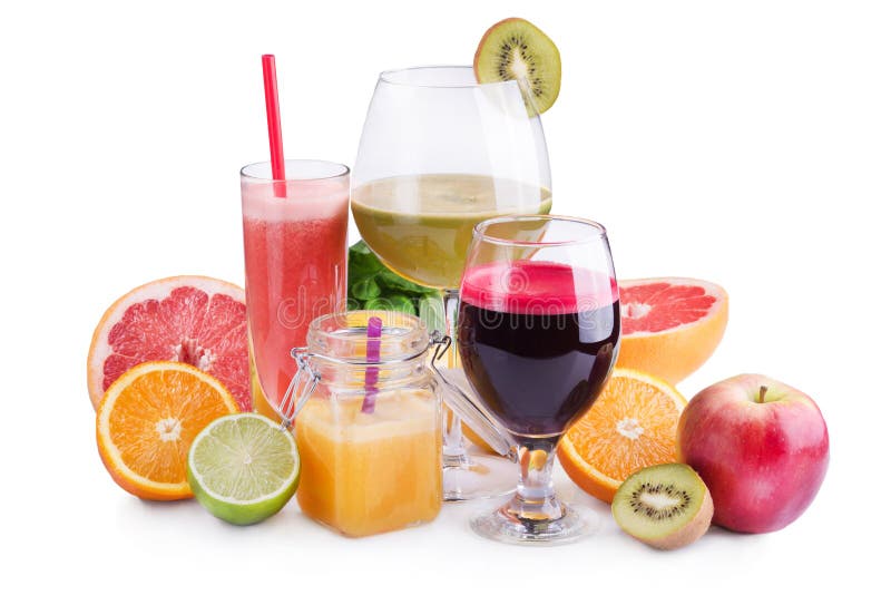 Fresh juices and smoothies with fruits and vegetables in glasses