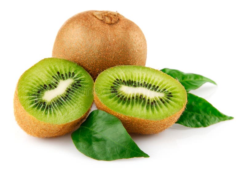 Fresh kiwi fruit with green leaves