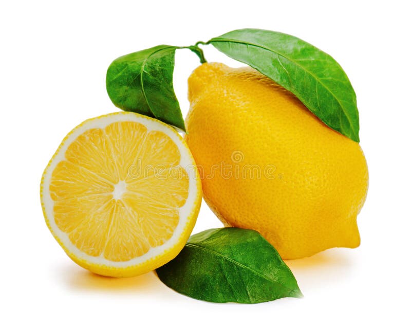 Fresh Lemon Citrus with Cut and Green Leaves Isolated on White B Stock