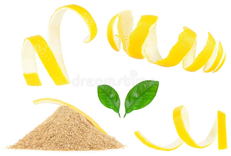Fresh lemon peels, pile of dried lemon zest and green leaves isolated on a white background. Healthy food. Fresh lemon peels, pile of dried lemon zest and green leaves isolated on a white background. Healthy food