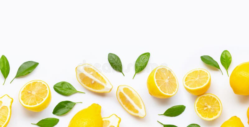 Fresh Lemon And Slices With Leaves Isolated On White Stock Image