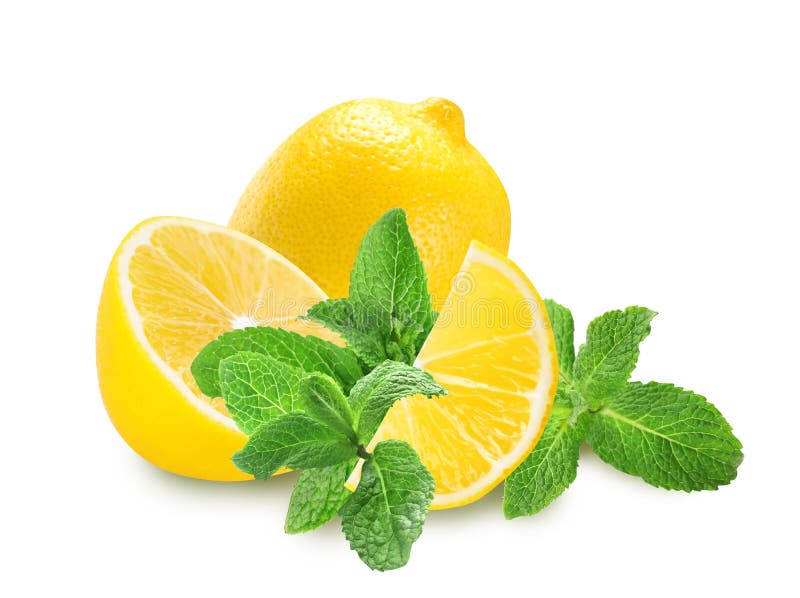 Fresh Lemons and Green Mint Leaves on White Background Stock Image Image of green, fresh