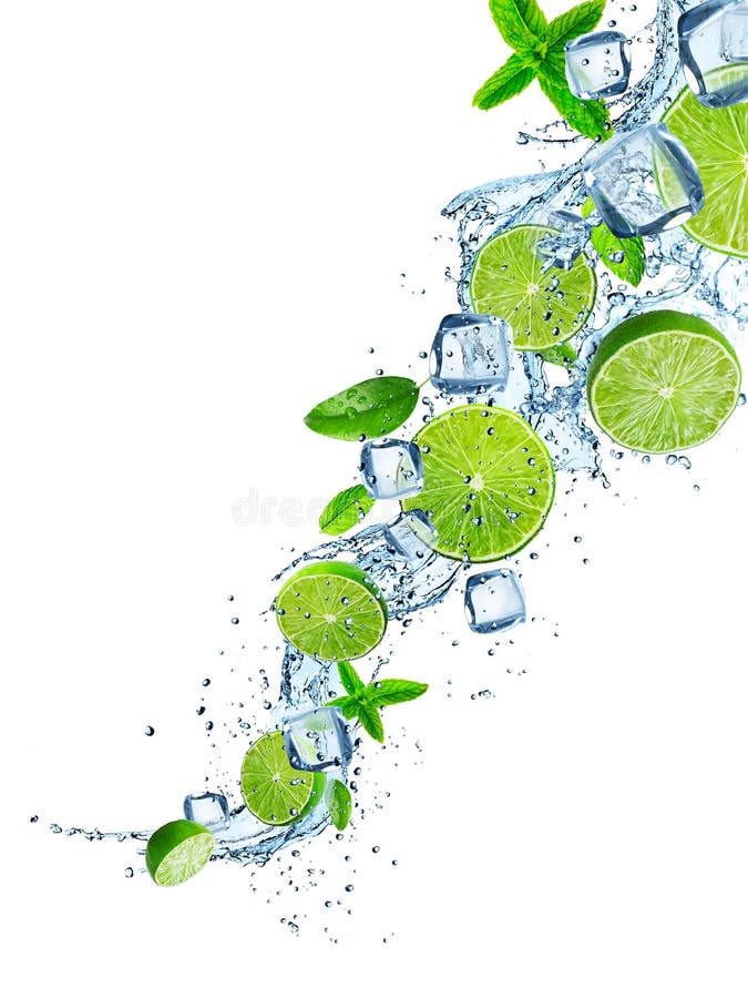 Fresh limes with water splash on white.