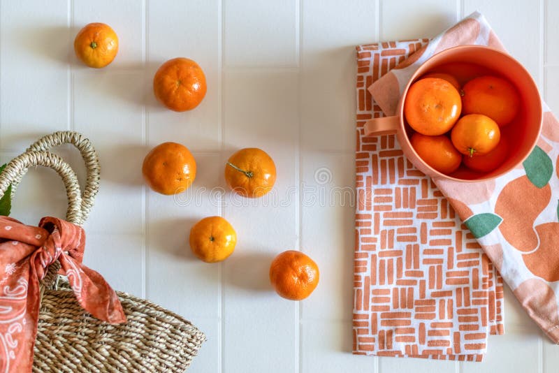 Fresh Mandarin Oranges with a Straw Bag Stock Image Image of