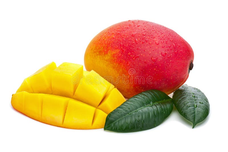 Fresh Mango Fruit with Cut and Green Leaves Isolated on White Ba Stock