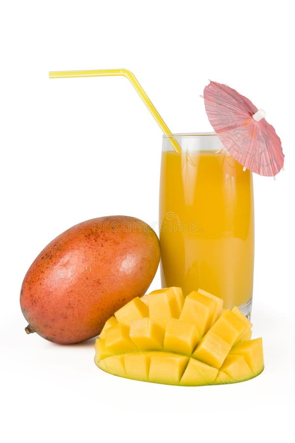 Fresh mango and glass of mango juice