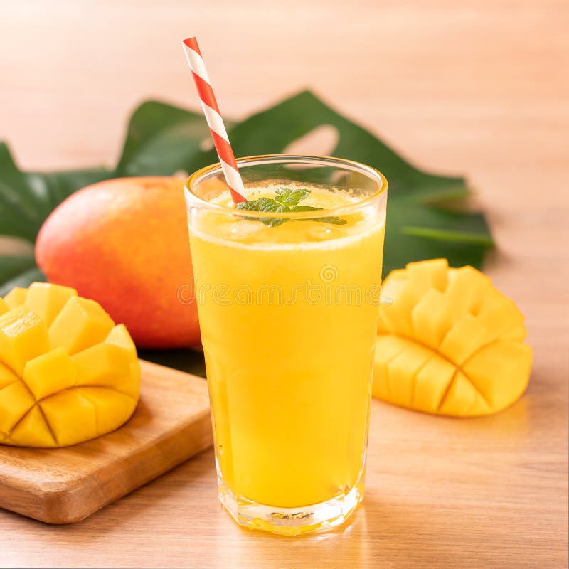 Fresh Mango Juice with Beautiful Chopped Pulp Flesh on Bright Wooden Table  Background. Tropical Fruit Drink Design Concept Stock Photo - Image of  ripe, juicy: 156104354