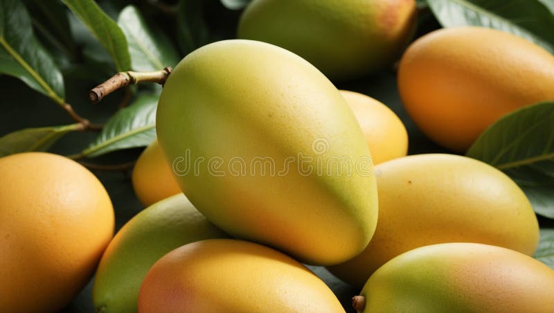 Fresh mango. Tropical fruit with green leaves royalty free illustration