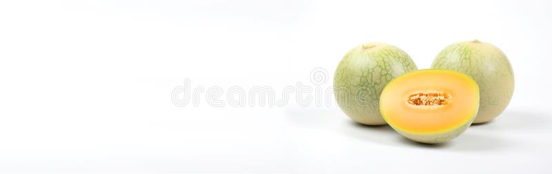 Fresh melon cut on a white background, macro. AI generated. Header banner mockup with space. stock images Fresh melon cut on a white background, macro. AI generated. Header banner mockup with space. stock images