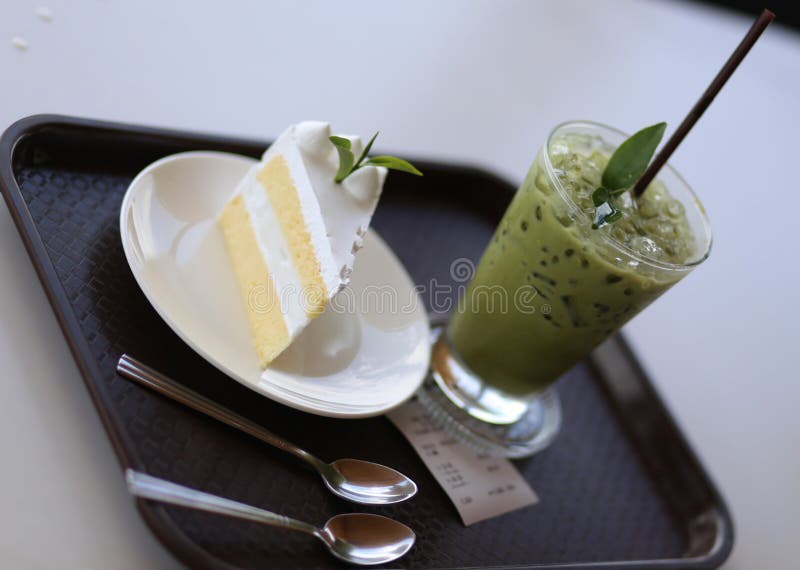 Fresh Milk Cake with Ice Green Tea Stock Photo Image of refreshing