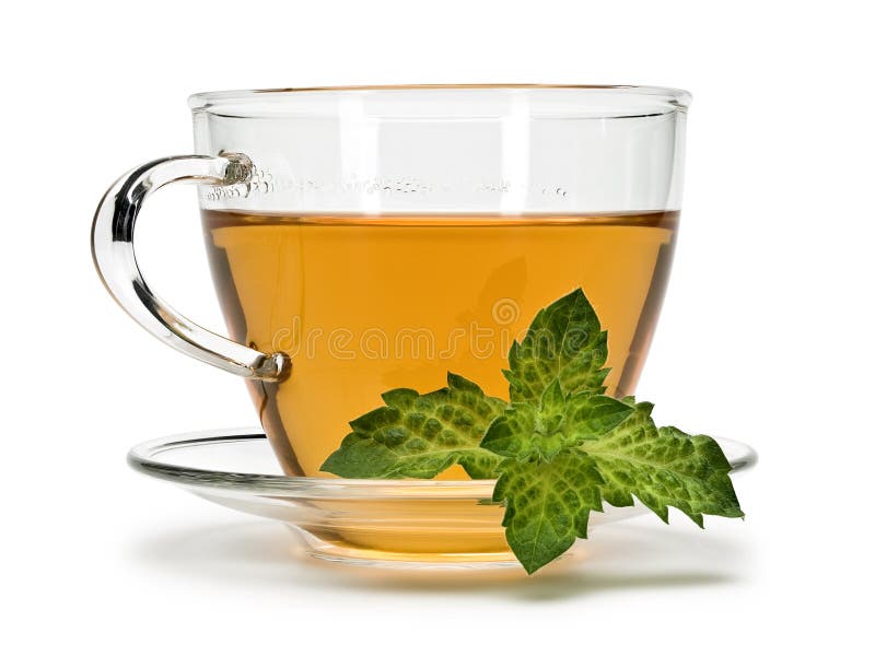 Fresh mint and tea in cup and saucer from glass