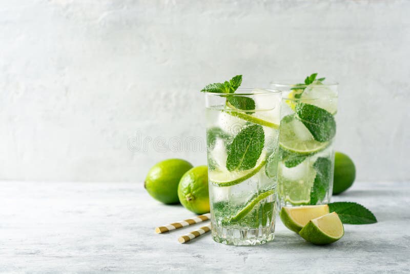Fresh mojito cocktail with lime and mint in glass on concrete background