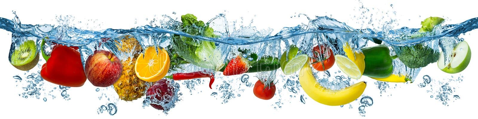 Fresh multi fruits and vegetables splashing into blue clear water splash healthy food diet freshness concept isolated white Fresh multi fruits and vegetables splashing into blue clear water splash healthy food diet freshness concept isolated white