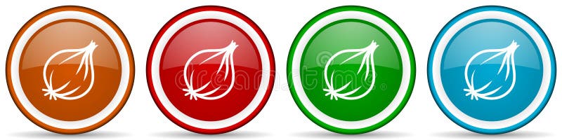 Fresh onion, vegetable glossy icons, set of modern design buttons for web, internet and mobile applications in four colors options isolated on white background.