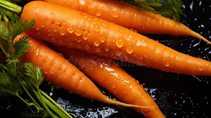 Fresh orange carrots with water drops background. Vegetables backdrop. Generative AI