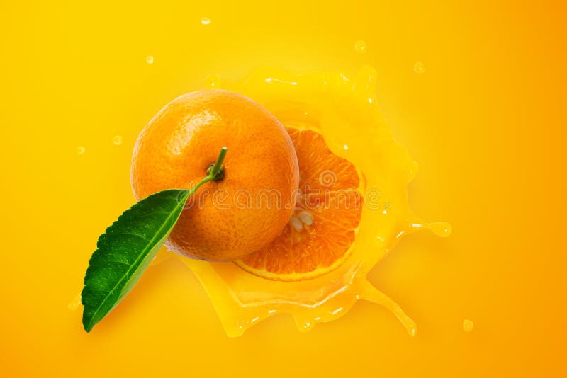 Fresh Orange Fruit with Green Leaf Fall Down in Juice Splash Stock