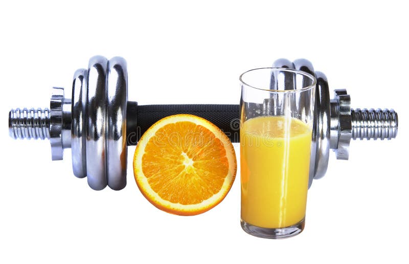 Fresh orange juice and dumbbel